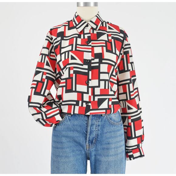 Vintage Geometric Modern Artsy Collared Button Down Blouse Red Beige Black M - Picture 3 of 8
